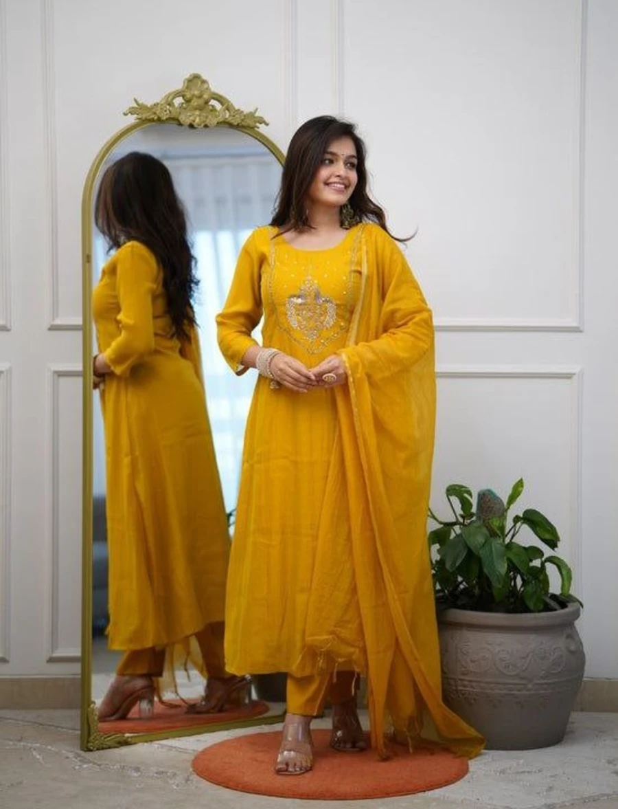 MODERN CHANDERI SEQUENCE CODING EMBROIDERY WORK TOP BOTTOM WITH DUPATTA FESTIVE WEAR WHOLESALE PRICE ETHNIC GARMENT (4)