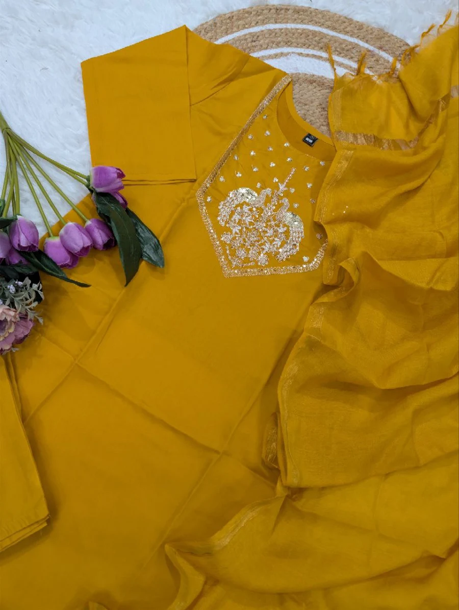 MODERN CHANDERI SEQUENCE CODING EMBROIDERY WORK TOP BOTTOM WITH DUPATTA FESTIVE WEAR WHOLESALE PRICE ETHNIC GARMENT (7)