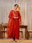 MODERN CHANDERI SILK EMBROIDERY WORK TOP BOTTOM WITH DUPATTA ORANGE