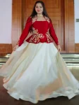MODERN CHINON EMBROIDERY THREAD AND SEQUENCE WORK TOP WITH LEHENGA RED
