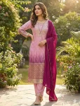 MODERN CHINON PRINTED WITH SEQUENCE EMBROIDERY BORDAR LACE WORK TOP BOTTOM WITH DUPATTA BABY PINK