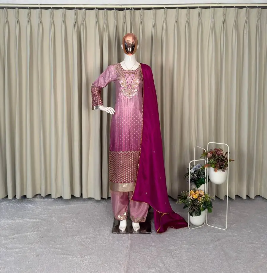 MODERN CHINON PRINTED WITH SEQUENCE EMBROIDERY BORDAR LACE WORK TOP BOTTOM WITH DUPATTA FESTIVE WEAR WHOLESALE PRICE ETHNIC GARMENT (4)