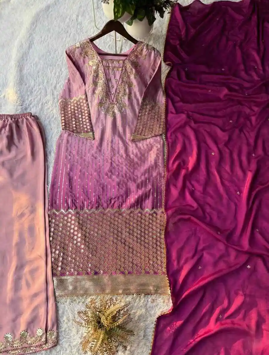 MODERN CHINON PRINTED WITH SEQUENCE EMBROIDERY BORDAR LACE WORK TOP BOTTOM WITH DUPATTA FESTIVE WEAR WHOLESALE PRICE ETHNIC GARMENT (7)