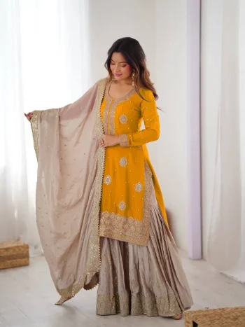 MODERN CHINON SILK CODING & SEQUENCE WORK WITH PEARL WORK TOP SHARARA WITH DUPATTA YELLOW