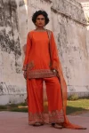 MODERN CHINON SILK EMBROIDERY SEQUENCE WORK TOP PALAZZO WITH DUPATTA ORANGE