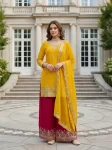 MODERN CHINON SILK EMBROIDERY SEQUENCE ZARI WORK TOP PALAZZO WITH DUPATTA YELLOW AND RANI