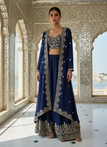 MODERN CHINON SILK ZARI & 5 MM SEQUENCE EMBROIDERY WORK BLOUSE SHRUG AND PALAZZO SET NAVY BLUE