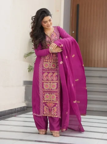 MODERN CHINON ZARI MULTI & THREAD EMBROIDERY WORK TOP BOTTOM WITH DUPATTA WINE