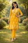 MODERN COTTON BLEND EMBROIDERY WORK TOP PENT SET YELLOW