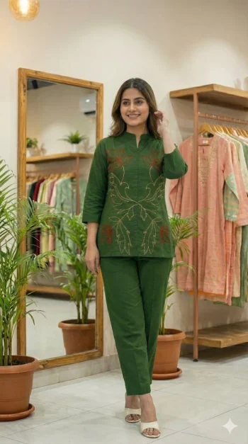 MODERN COTTON KHADI MUNDI WORK CO-ORD SET GREEN