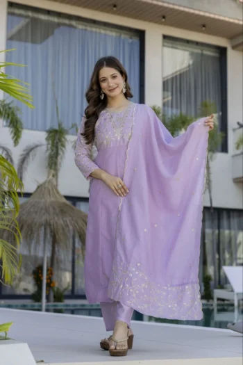 MODERN CP VICHITRA SILK SEQUENCE CODING EMBROIDERY WORK TOP BOTTOM WITH DUPATTA LAVENDER