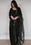 MODERN CREPE SILK SEQUENCE MULTI NEEDLE EMBROIDERY ZARI WORK TOP PATIYALA WITH DUPATTA BLACK