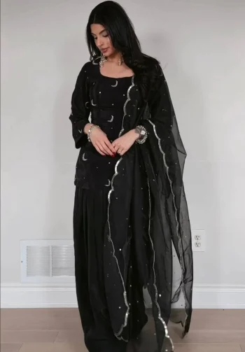 MODERN CREPE SILK SEQUENCE MULTI NEEDLE EMBROIDERY ZARI WORK TOP PATIYALA WITH DUPATTA BLACK