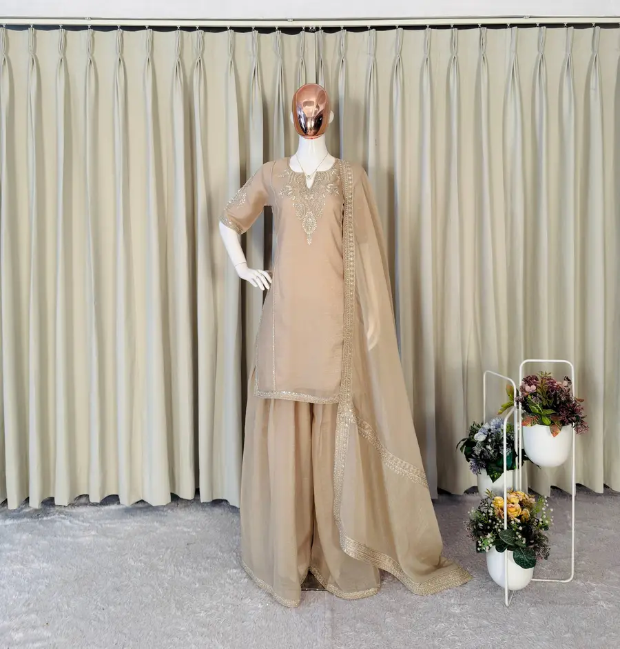 MODERN CRUNCHY CODING WITH SEQUENCE EMBROIDERY WORK TOP PALAZZO WITH DUPATTA FESTIVE WEAR WHOLESALE PRICE ETHNIC GARMENT (3)