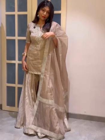 MODERN CRUNCHY CODING WITH SEQUENCE EMBROIDERY WORK TOP PALAZZO WITH DUPATTA CREAM