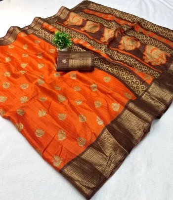 MODERN DOLA SILK JACQUARD WEAVING BORDER AND HD BATIK PRINT WORK SAREE WITH UNSTITCHED BLOUSE ORANGE