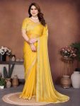MODERN FENDY CHIFFON BEADS EMBROIDERY LACE BORDER WORK SAREE WITH UNSTITCHED BLOUSE YELLOW