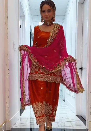 MODERN FENDY CRUSH SILK EMBROIDERY THREAD & SEQUENCE WORK TOP PATIYALA WITH DUPATTA ORANGE