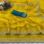 MODERN FENDY SATIN EMBROIDERY SEQUENCE WORK BORDER WITH BUTTI WORK SAREE WITH STITCHED BLOUSE LEMON
