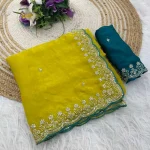 MODERN FENDY SATIN EMBROIDERY SEQUENCE WORK BORDER WITH BUTTI WORK SAREE WITH STITCHED BLOUSE WEDDING WEAR WHOLESALE PRICE ETHNIC GARMENT (10)