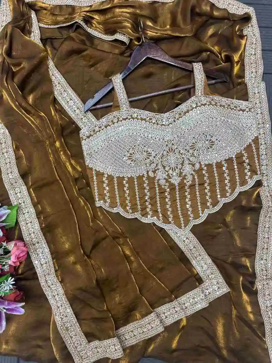 MODERN FENDY SATIN EMBROIDERY SEQUENCE WORK READY TO WEAR SAREE WITH STITCHED BLOUSE PARTY WEAR WHOLESALE PRICE ETHNIC GARMENT (16)