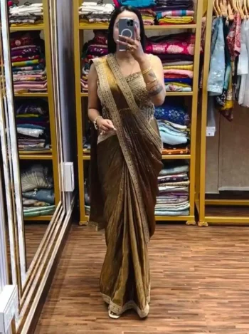 MODERN FENDY SATIN EMBROIDERY SEQUENCE WORK READY TO WEAR SAREE WITH STITCHED BLOUSE CHIKU