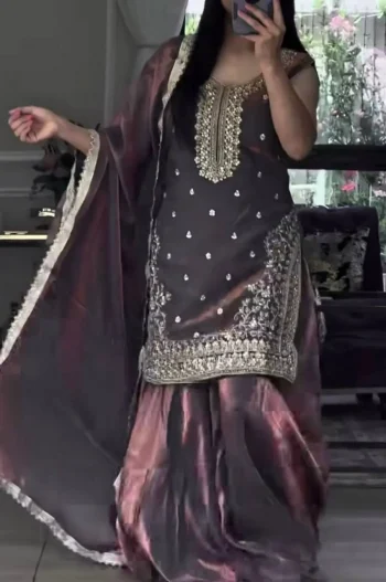 MODERN FENDY SILK EMBROIDERY 5 MM SEQUENCE WORK TOP PALAZZO WITH DUPATTA  PURPLE