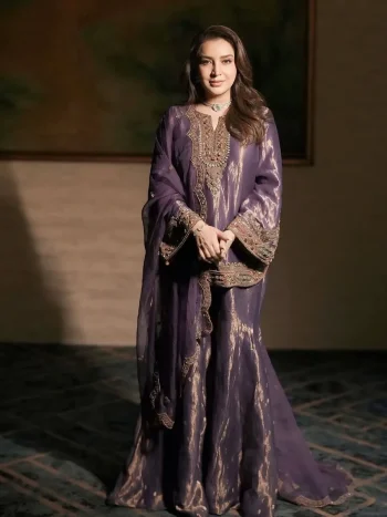MODERN FENDY SILK SEQUENCE & ZARI & THREAD EMBROIDERY WITH STONE-HANDWORK TOP PALAZZO WITH DUPATTA PURPLE