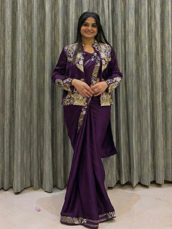 RICH LOOK CREPE EMBROIDERY SEQUENCE CODING WORK READY TO WEAR SAREE WITH BLOUSE AND KOTI WINE