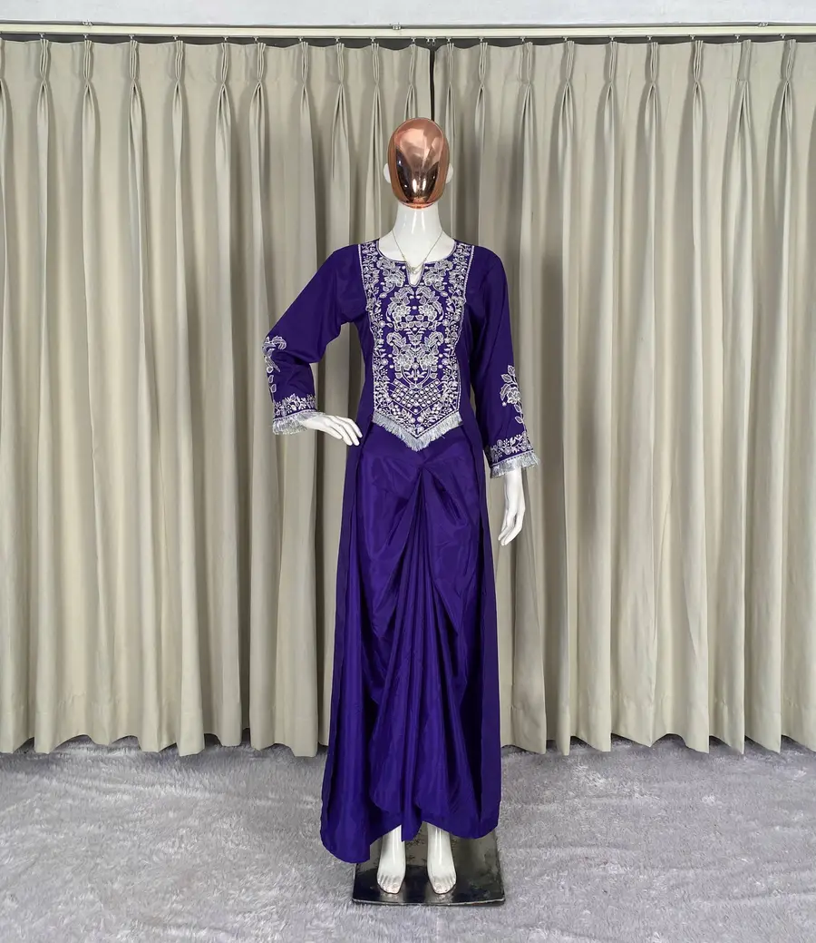 MODERN FRENCH CREPE EMBROIDERY WORK TOP WITH DRAPE SKIRT DHOTI STYLE PARTY WEAR WHOLESALE PRICE ETHNIC GARMENT (3)