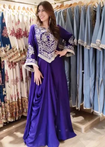 MODERN FRENCH CREPE EMBROIDERY WORK TOP WITH DRAPE SKIRT DHOTI STYLE PURPLE