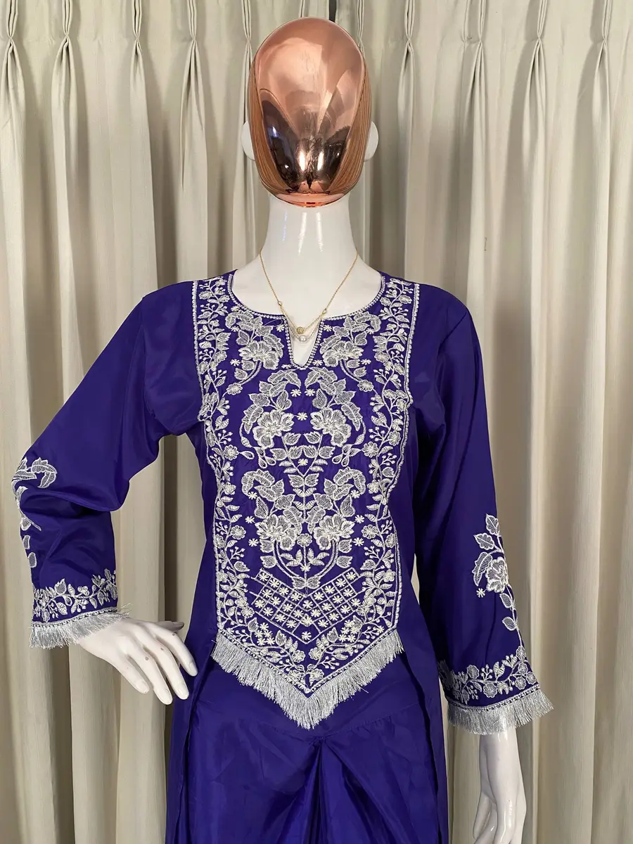 MODERN FRENCH CREPE EMBROIDERY WORK TOP WITH DRAPE SKIRT DHOTI STYLE PARTY WEAR WHOLESALE PRICE ETHNIC GARMENT (6)