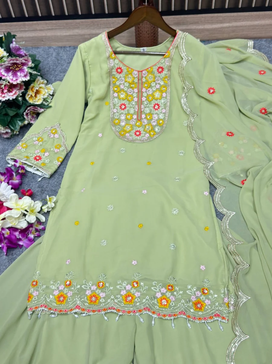 MODERN GEORGETTE CODING SEQUENCE & THREAD WORK TOP PALAZZO WITH DUPATTA WEDDING WEAR WHOLESALE PRICE ETHNIC GARMENT (14)