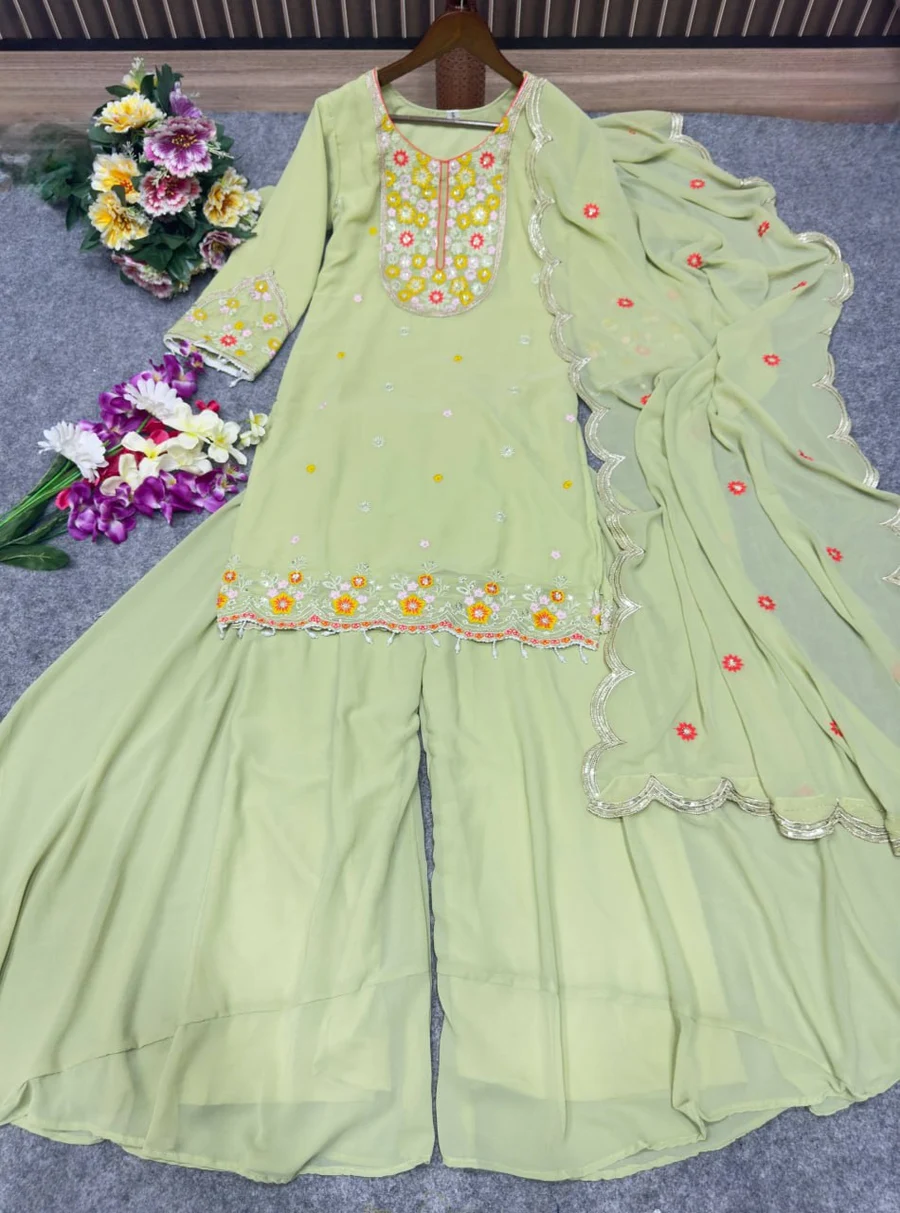 MODERN GEORGETTE CODING SEQUENCE & THREAD WORK TOP PALAZZO WITH DUPATTA WEDDING WEAR WHOLESALE PRICE ETHNIC GARMENT (15)