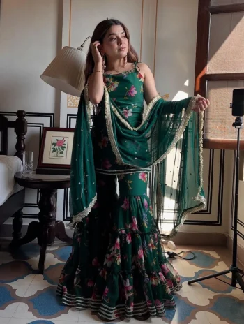 MODERN GEORGETTE DIGITAL PRINT WITH FANCY LACE WORK TOP SHARARA WITH DUPATTA GREEN