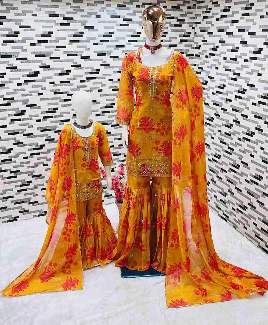 MODERN GEORGETTE DIGITAL PRINT WORK WITH EMBROIDERY SEQUENCE WORK MOTHER DAUGHTER SET FESTIVE WEAR WHOLESALE PRICE ETHNIC GARMENT (3)