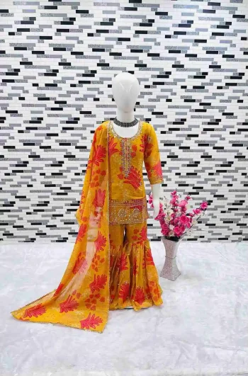 MODERN GEORGETTE DIGITAL PRINT WORK WITH EMBROIDERY SEQUENCE WORK KID'S TOP SHARARA WITH DUPATTA YELLOW