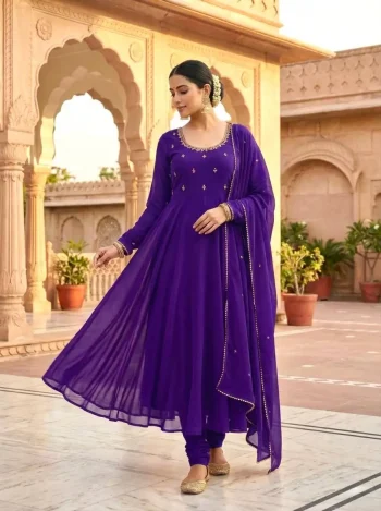 MODERN GEORGETTE HAND MIRROR EMBROIDERY WORK GOWN BOTTOM WITH DUPATTA PURPLE