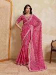 MODERN GEORGETTE LAHERIYA BANDHEJ PRINT WITH LACE BORDER WORK SAREE WITH UNSTITCHED BLOUSE PINK