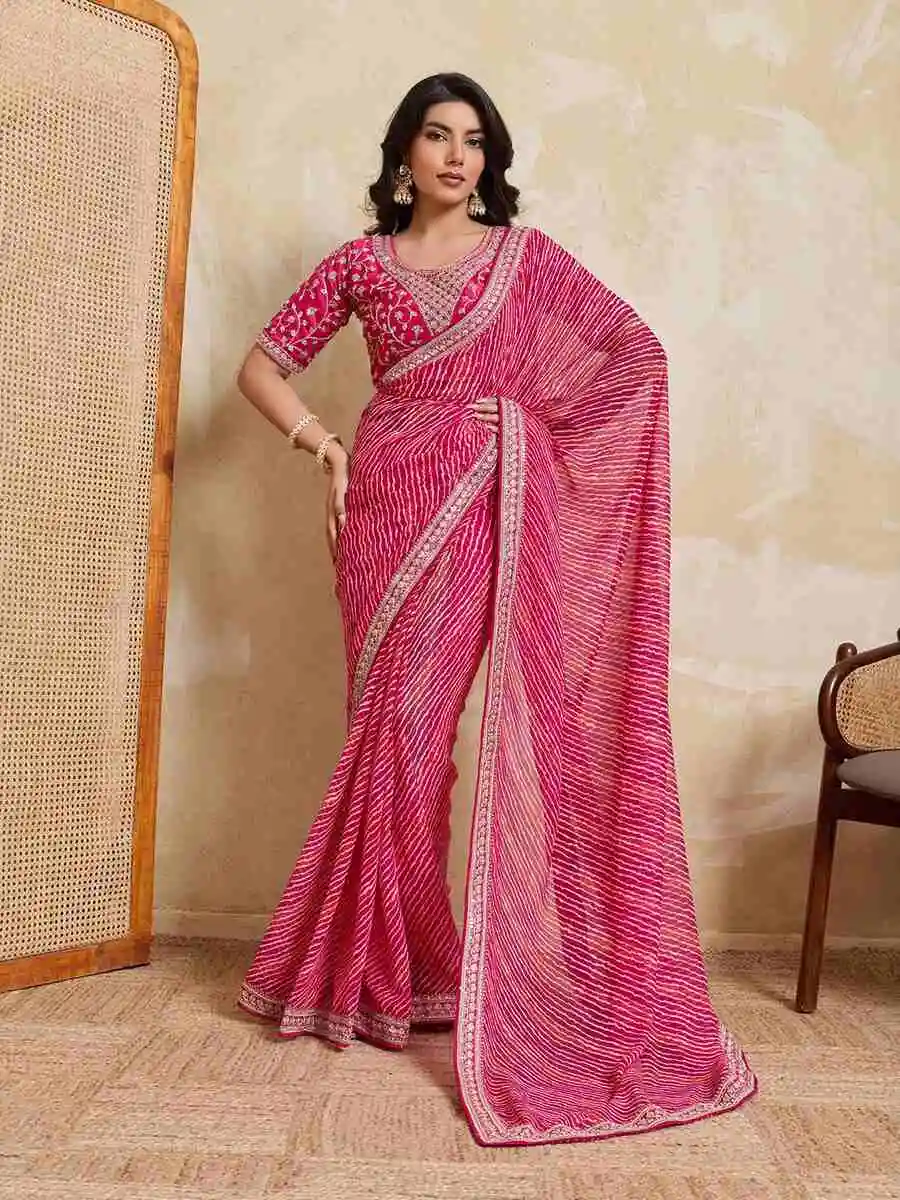 MODERN GEORGETTE LAHERIYA BANDHEJ PRINT WITH LACE BORDER WORK SAREE WITH UNSTITCHED BLOUSE PARTY WEAR WHOLESALE PRICE ETHNIC GARMENT (8)