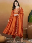 MODERN VICHITRA SILK CODING EMBROIDERY SELF WEAVING WORK TOP BOTTOM WITH DUPATTA ORANGE