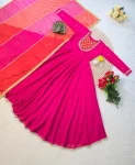 MODERN GEORGETTE SILK HANDWORK & MIRROR LACE BORDER WORK GOWN WITH DUPATTA PINK