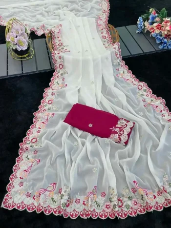 MODERN GEORGETTE SILK SEQUENCE THREAD EMBROIEDRY WORK SAREE WITH UNSTITCHED BLOUSE OFF WHITE AND RED