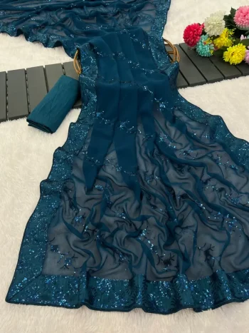 MODERN GEORGETTE SILK SEQUENCE WORK ALL OVER WITH PIPING BORDER WORK SAREE WITH UNSTITCHED BLOUSE TEAL