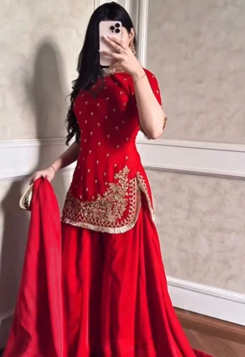 MODERN GEORGETTE THREAD & SEQUENCE WITH FANCY LACE WORK TOP PALAZZO WITH DUPATTA RED