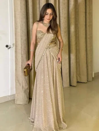 MODERN GEORGETTE THREAD WITH SEQUENCE WORK LEHENGA SAREE CREAM
