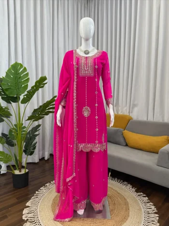 MODERN GEORGETTE THREAD WITH SEQUENCE WORK TOP PALAZZO WITH DUPATTA PINK