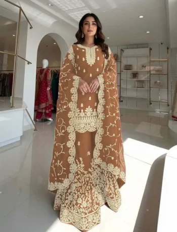 MODERN GMY SILK EMBROIDERY 3 MM SEQUENCE & CODING DORI WORK TOP PALAZZO WITH DUPATTA PEACH