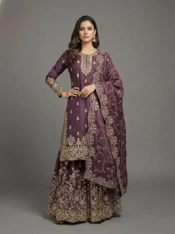 MODERN GMY SILK EMBROIDERY 3 MM SEQUENCE & CODING DORI WORK TOP PALAZZO WITH DUPATTA LAVENDER
