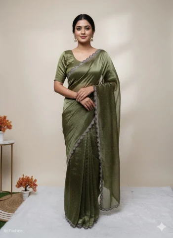 MODERN GMY SILK HANDWORK COLORFUL LACE BORDER WORK SAREE WITH UNSTITCHED BLOUSE MEHNDI